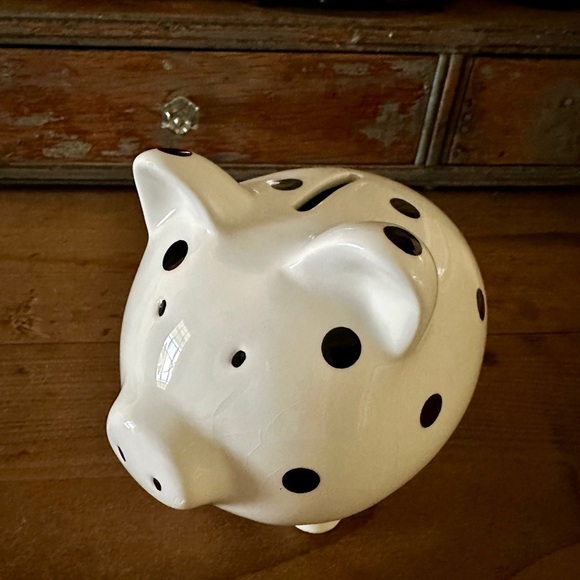 CHILDS PIGGY BANK, WHITE CERAMIC WITH BLACK POLKA DOT. RUBBER STOPPER ON BOTTOM. - Picture 4 of 6